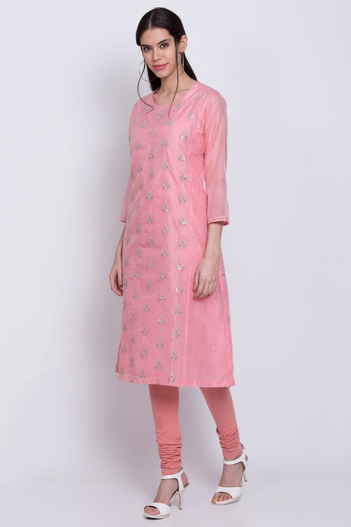 Yellow Poly Cotton A-Line Embroidered Kurta image number 2