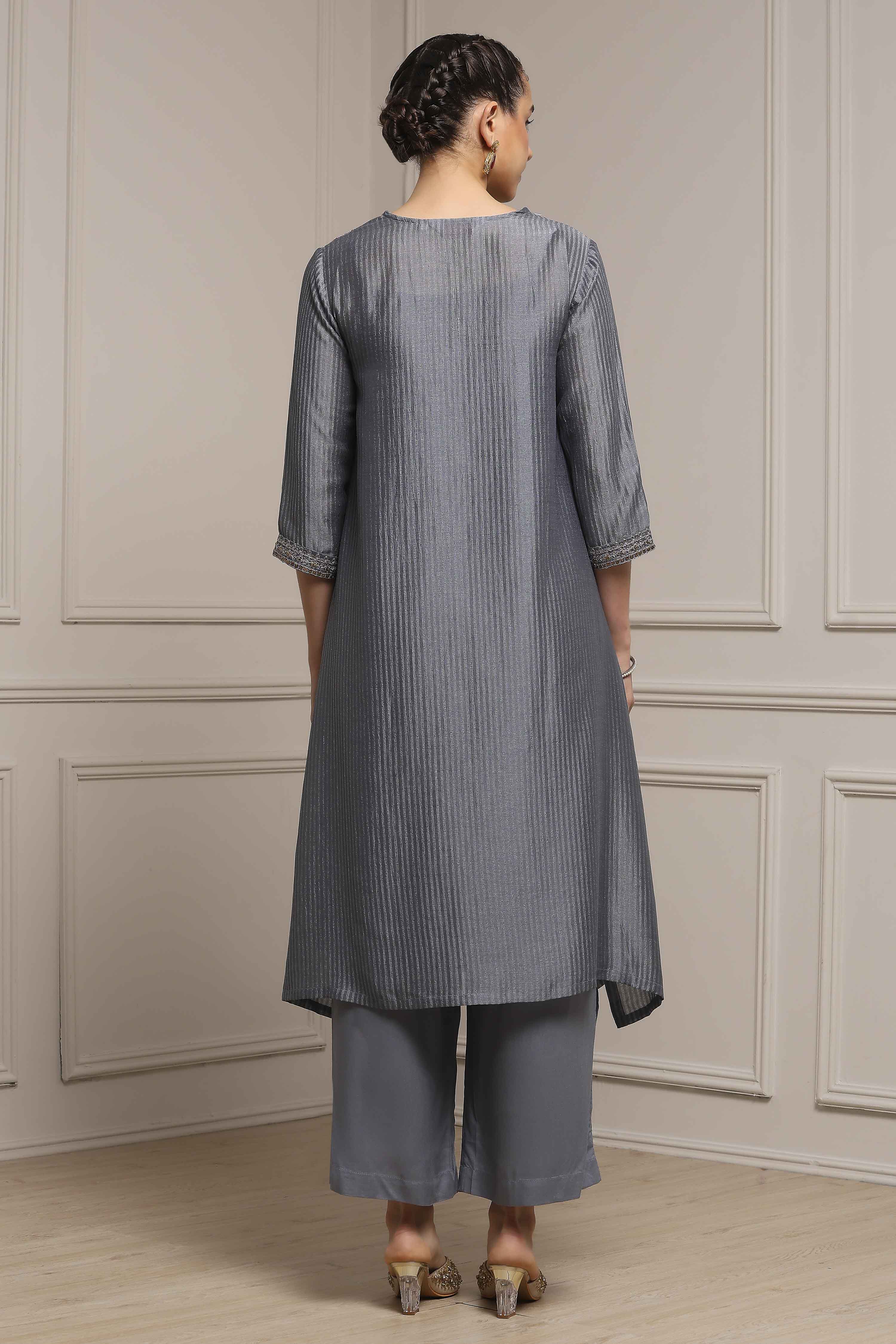 Grey Striped Straight Suit Set image number 4