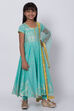 Turquoise Cotton Anarkali Kurta Churidar Suit Set image number 3