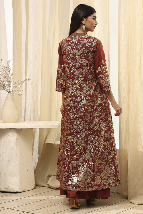 Earthy Brown Printed Layered Cape Dress image number 5