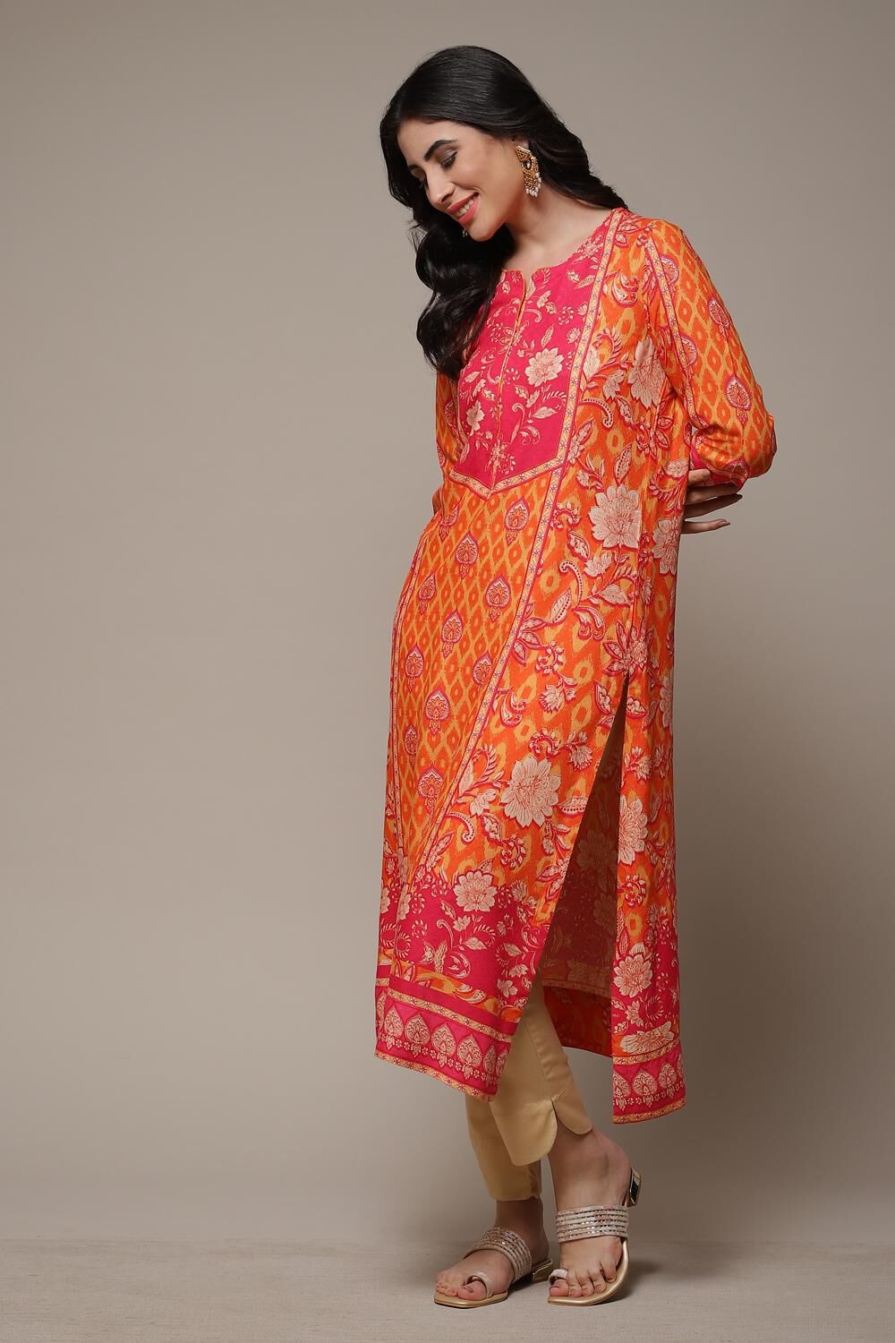 Orange LIVA Straight Printed Kurta image number 5