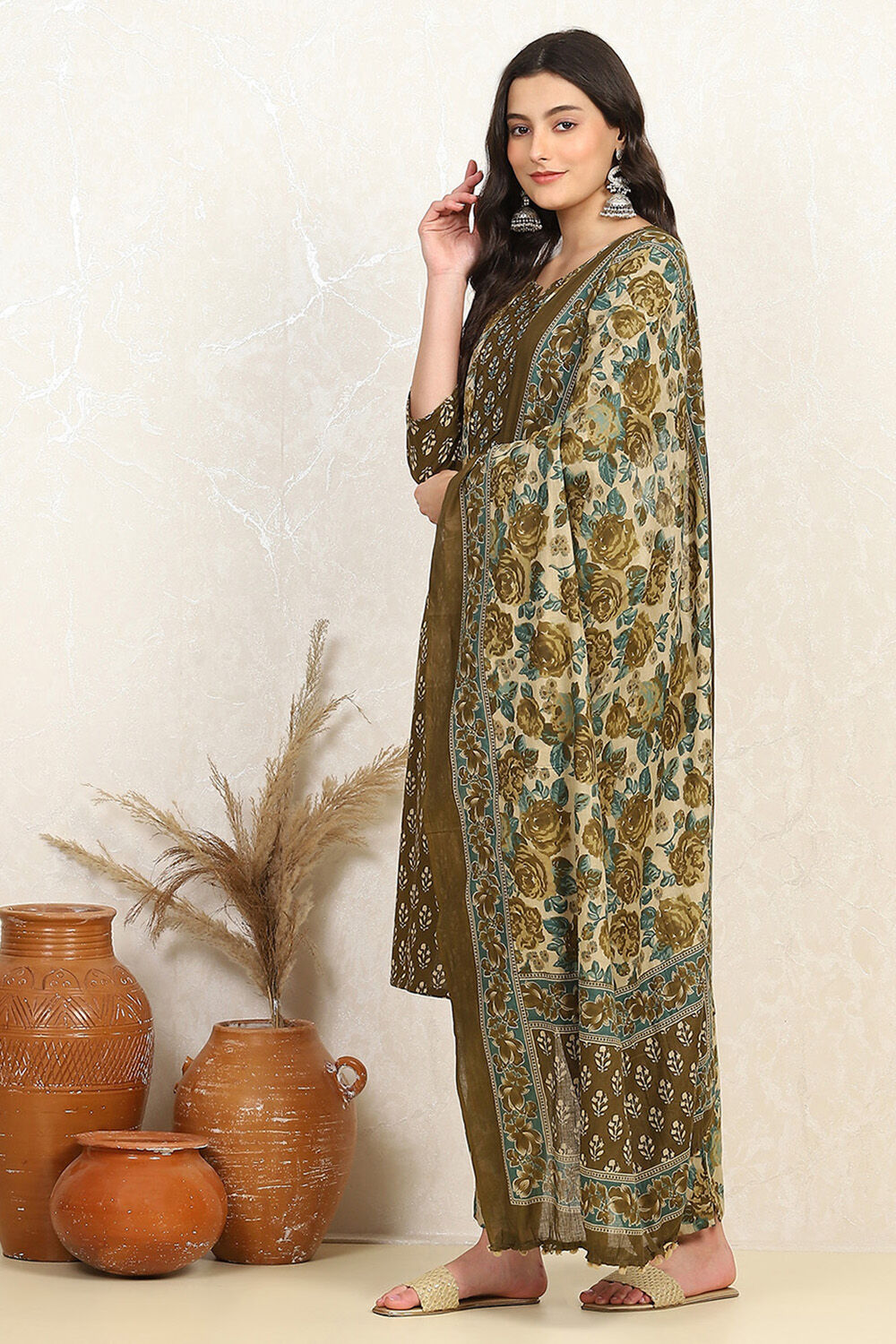 Green Cotton Printed Unstitched Suit Set image number 4