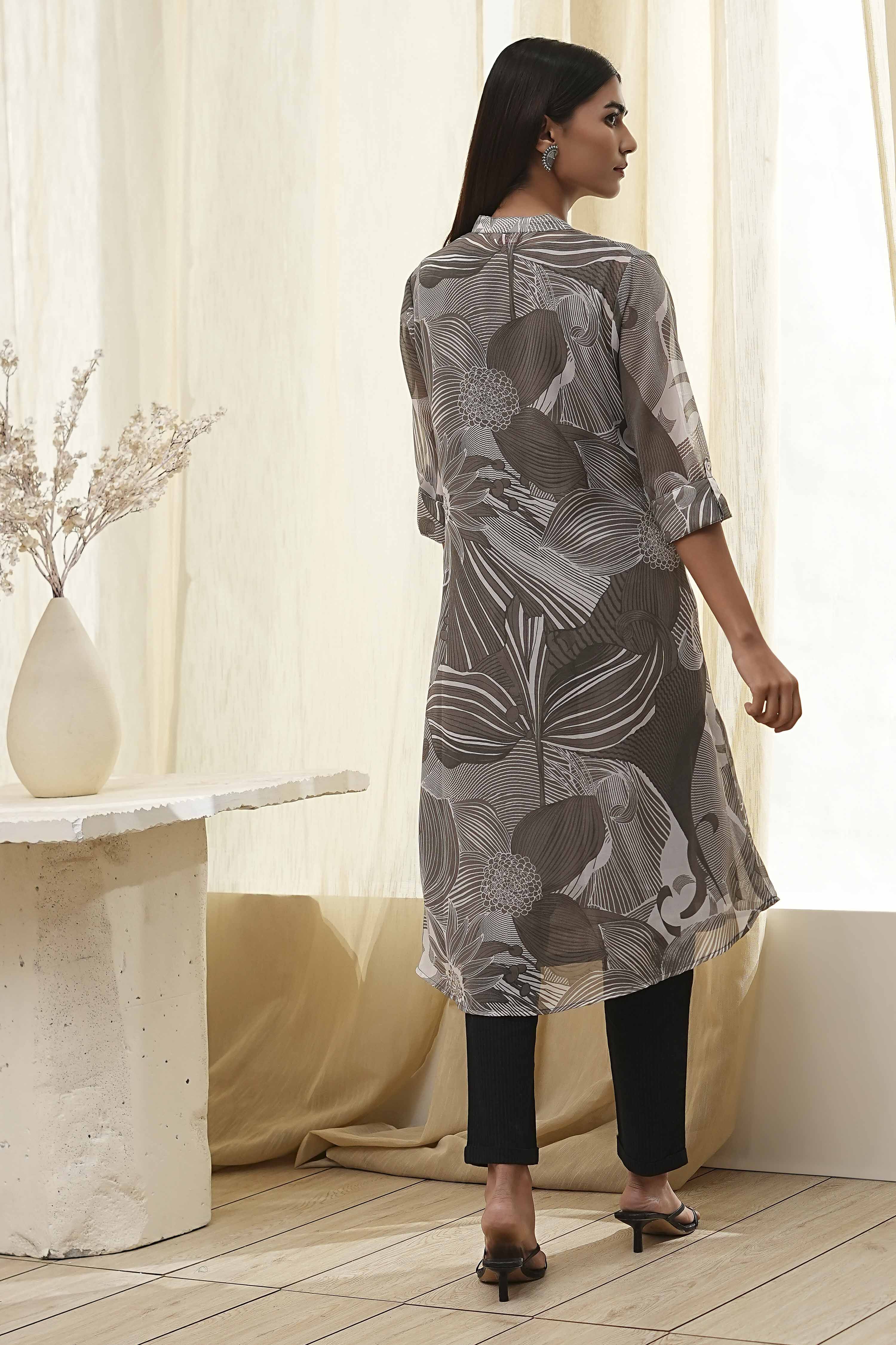 Grey Printed Pleated A-Line Kurta image number 3