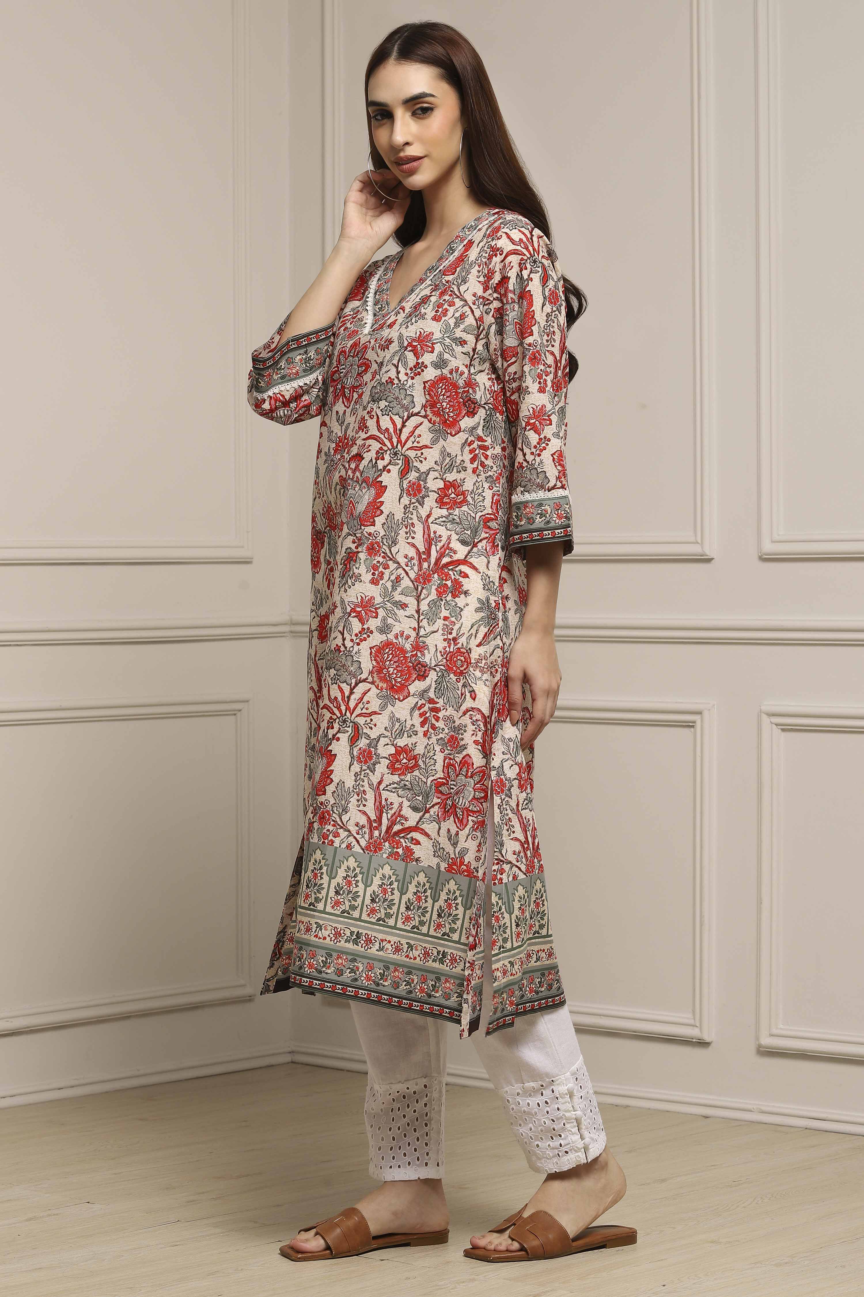 Off White Cotton Straight Printed Kurta image number 2