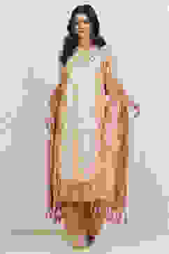 Peach-White Art Silk Woven Unstitched Suit Set image number 1