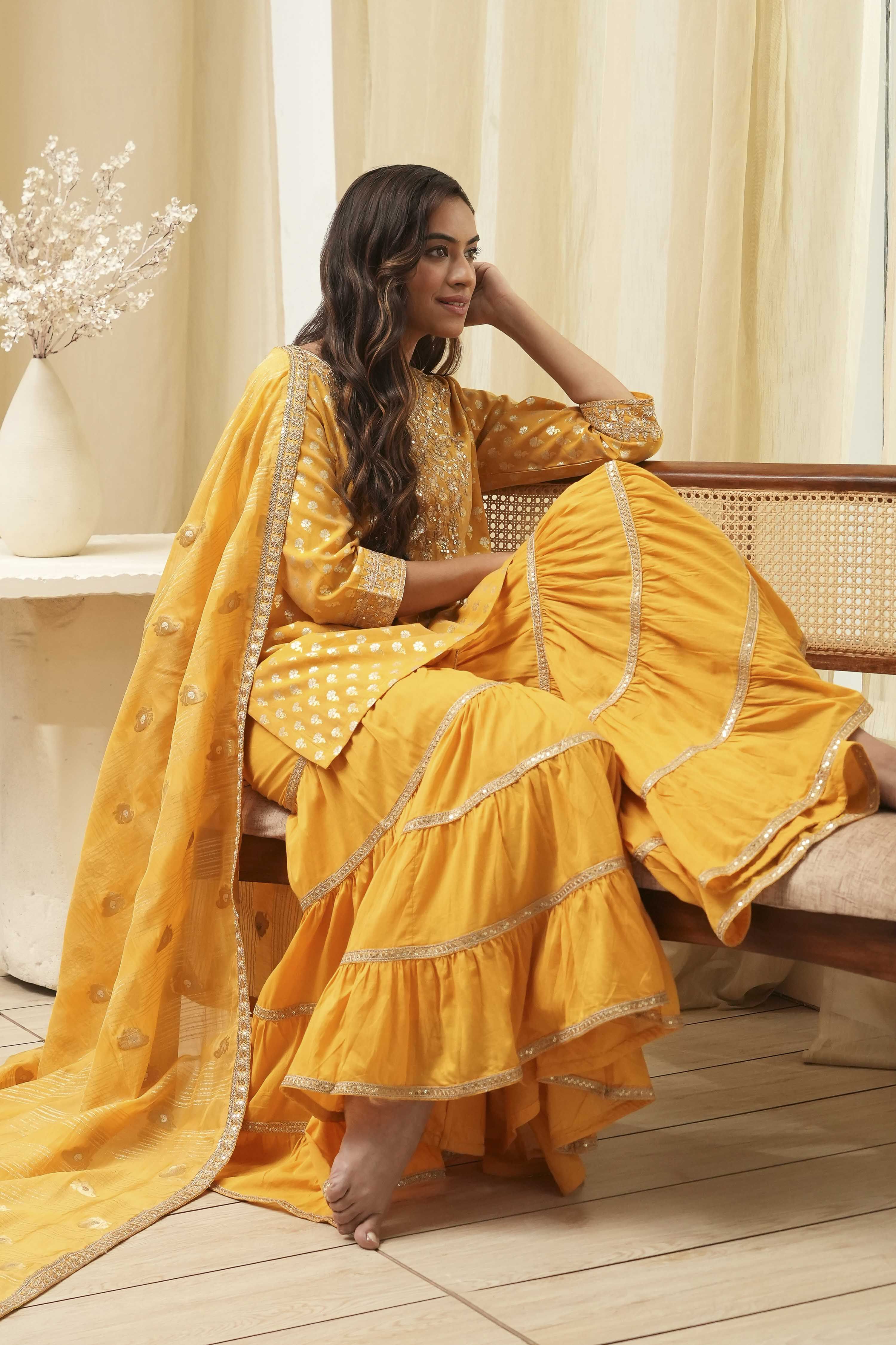 Ochre Yellow Embroidered Straight Suit Set image number 0