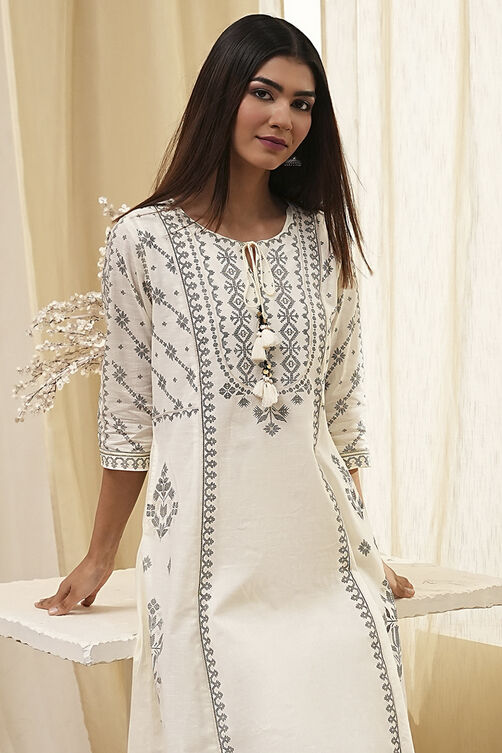 Off-White Pure Cotton Printed A-line Kurta Set image number 1