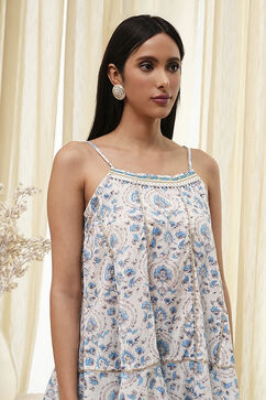 White and Blue Cotton Floral Flared Suit Set image number 1
