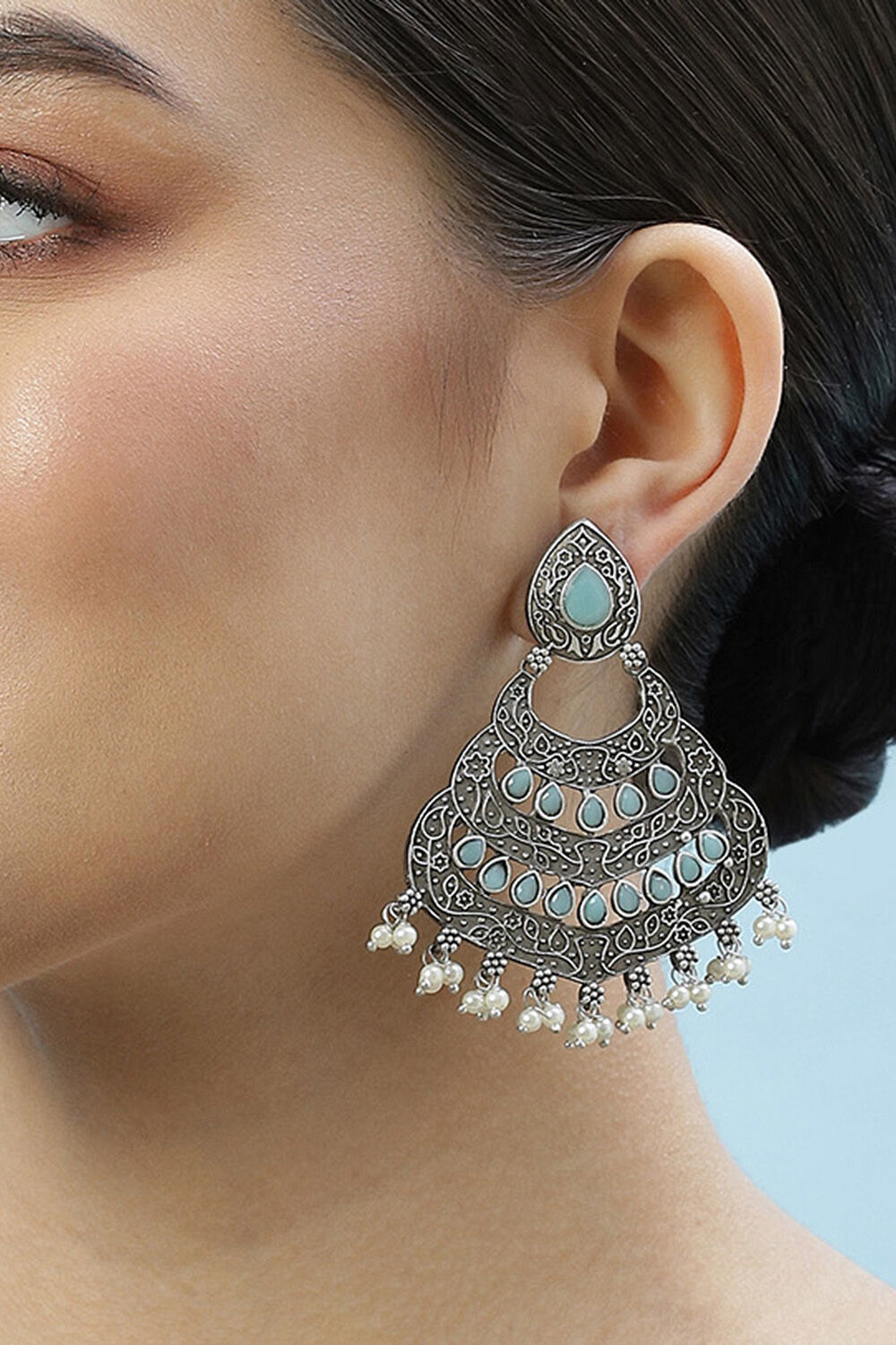 Oxidised Light Blue Brass Earrings image number 1