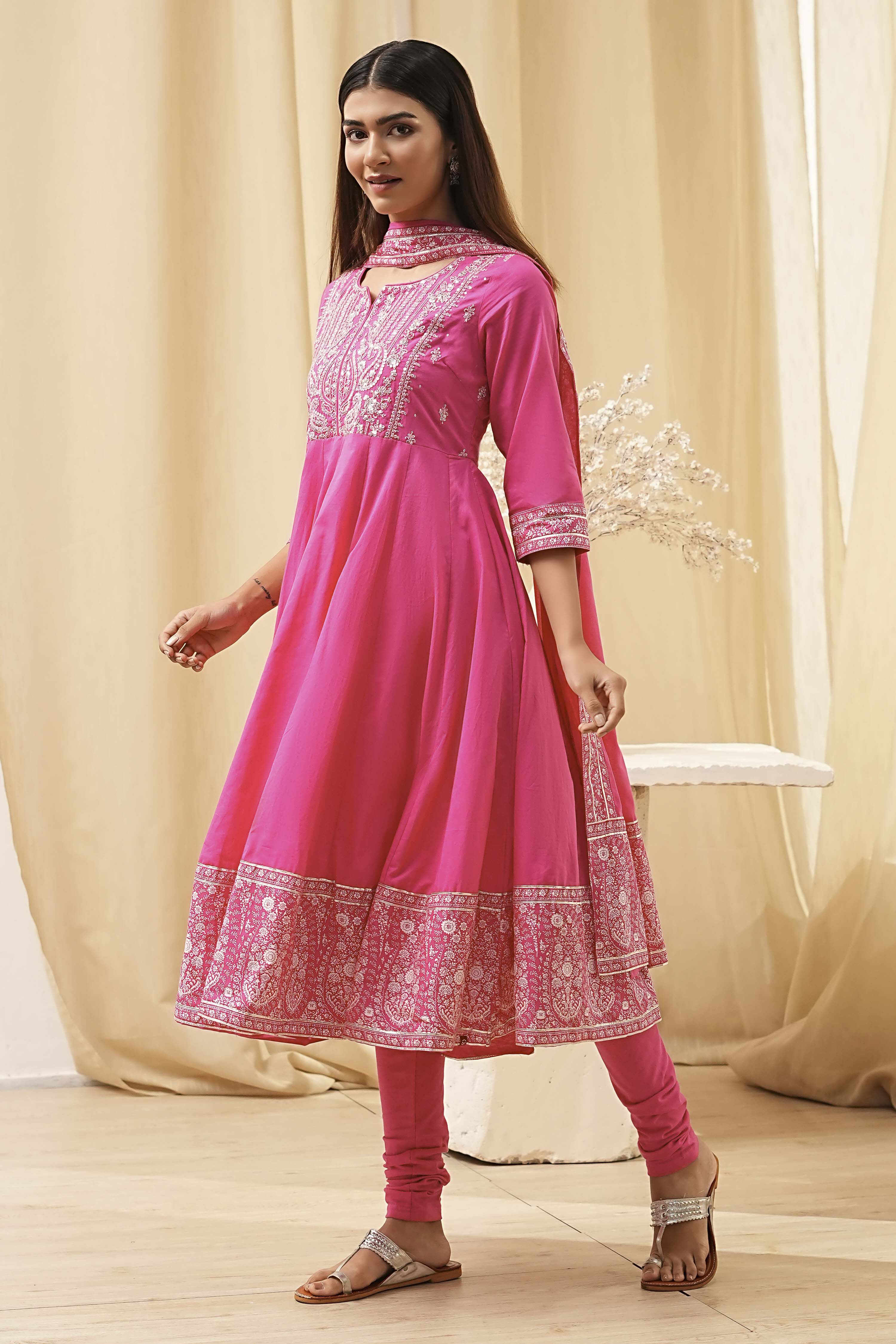 Blue Cotton Embroidered Anarkali Suit Set image number 3