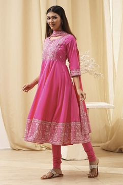 Pink Cotton Embroidered Anarkali Suit Set image number 3