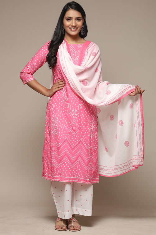 Pink Cotton Straight Kurta Palazzo Suit Set - Main Image