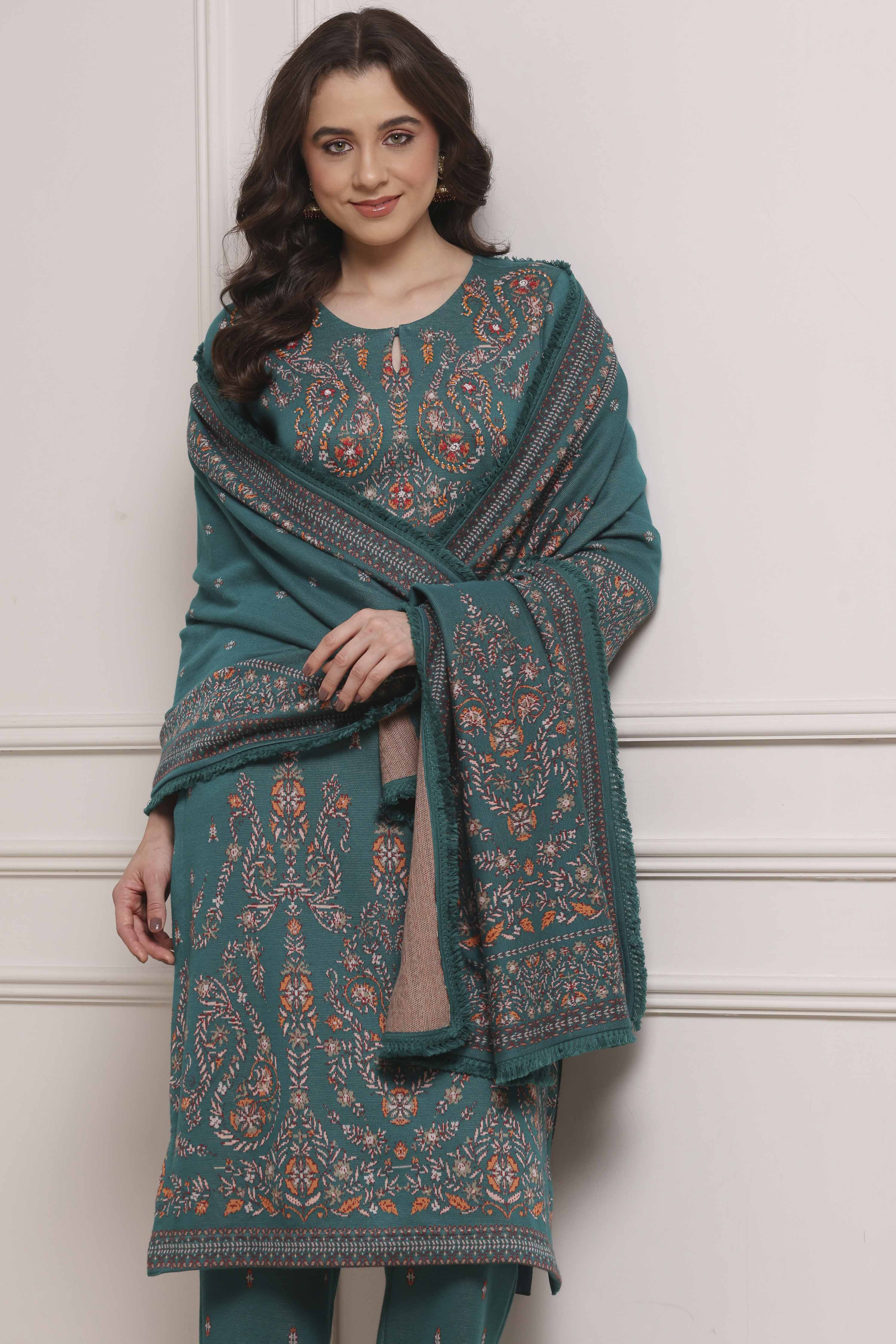 Emerald Green Cotton Blend Yarndyed Straight Suit Set image number 7