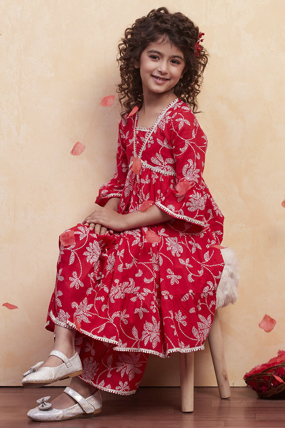 Red Cotton Printed Tiered Kurta Set image number 0