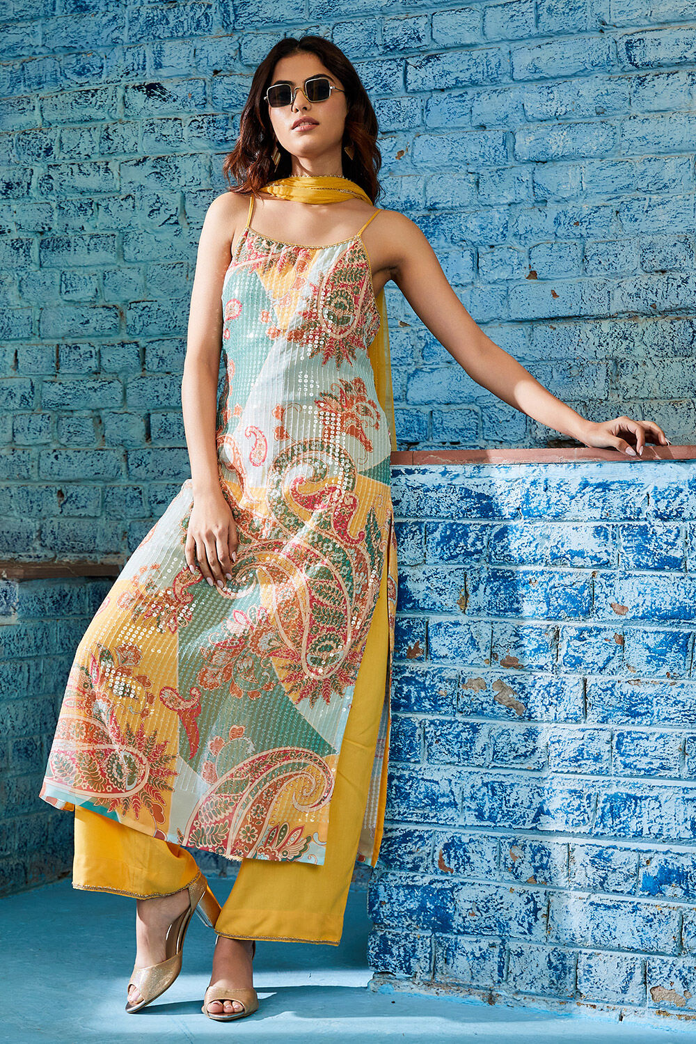 Yellow Printed Sequined Kurta & Palazzo Suit Set image number 10