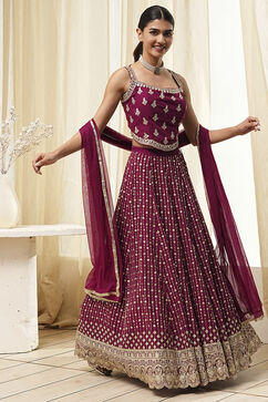 Burgundy Georgette Lehenga Set  image number 6