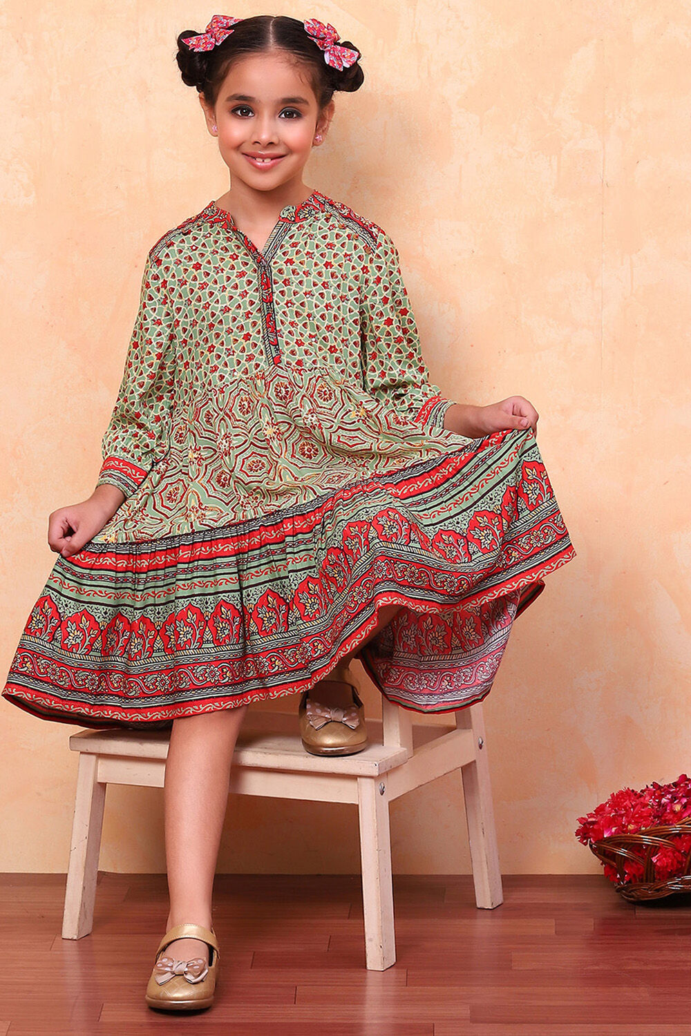 Green Printed Flared Tiered Dress image number 0