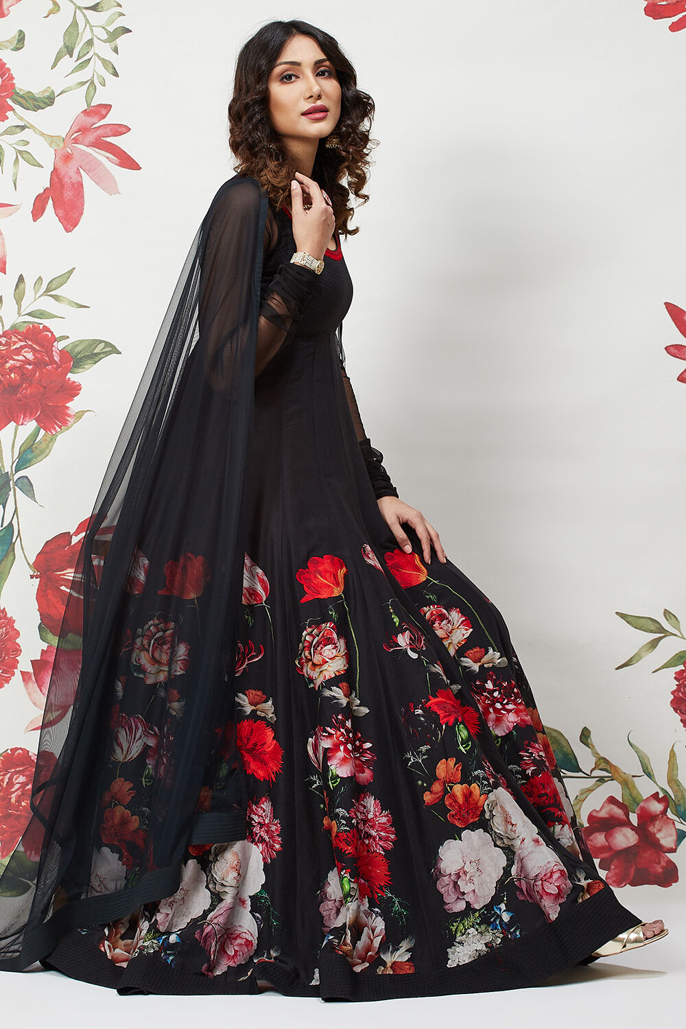 Rohit Bal Black Cotton Silk Anarkali Printed Suit image number 0
