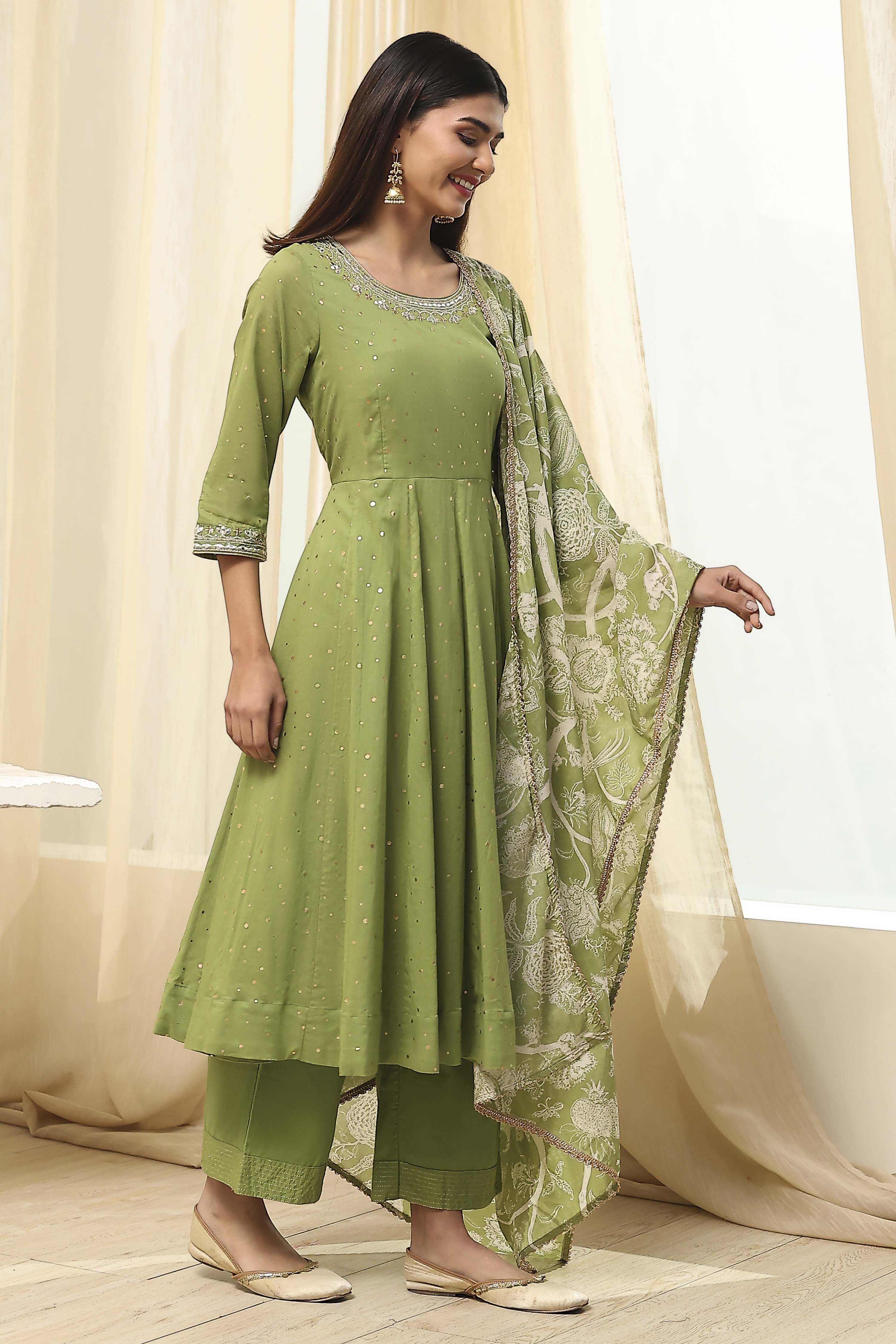 Blue Cotton Foil Printed Anarkali Suit Set image number 7