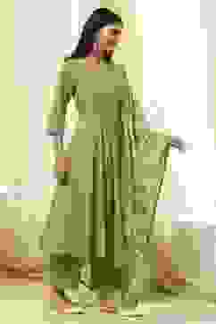 Green Cotton Foil Printed Anarkali Suit Set image number 7