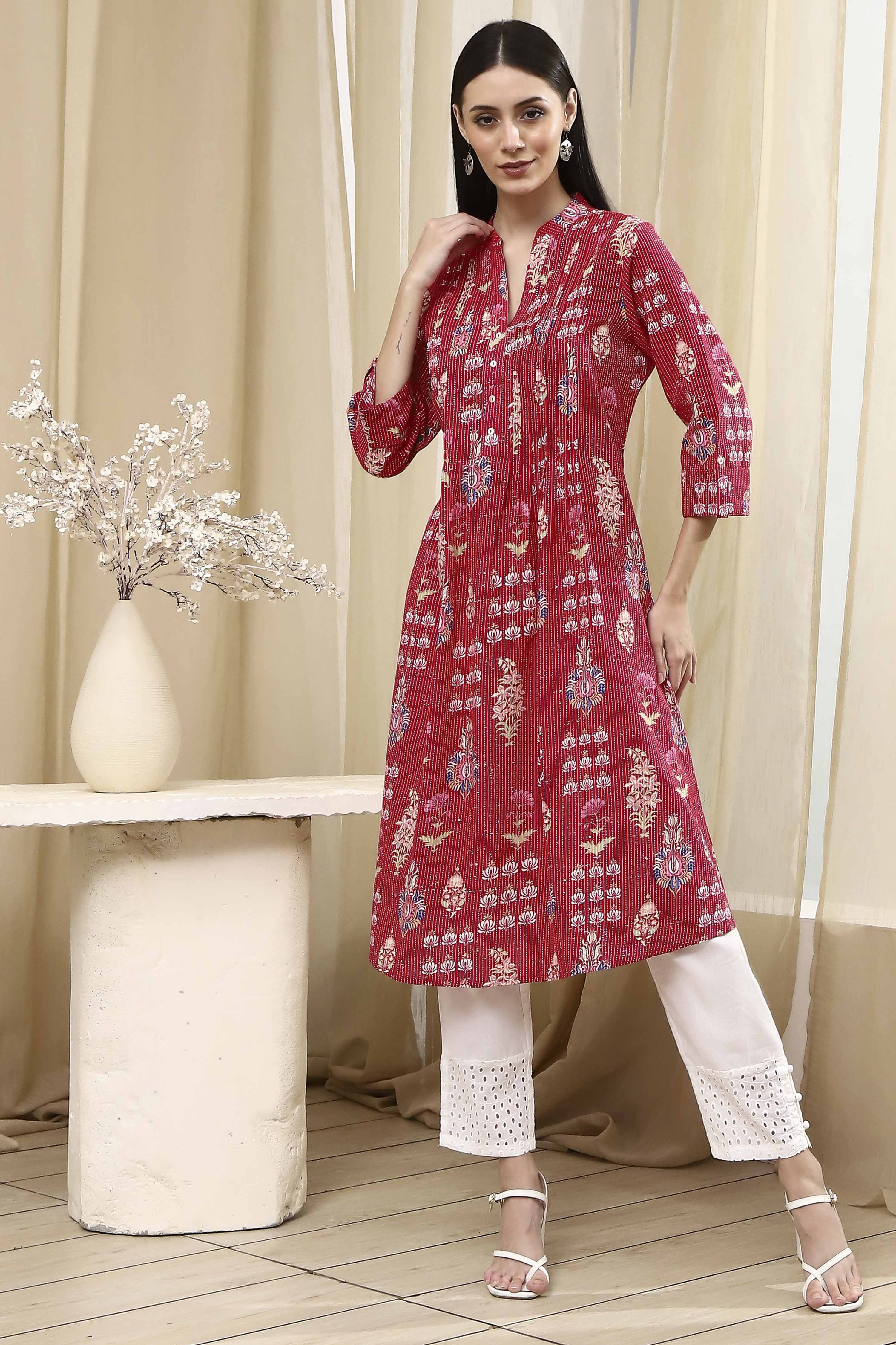 Pink Cotton Printed A-Line Kurta image number 0