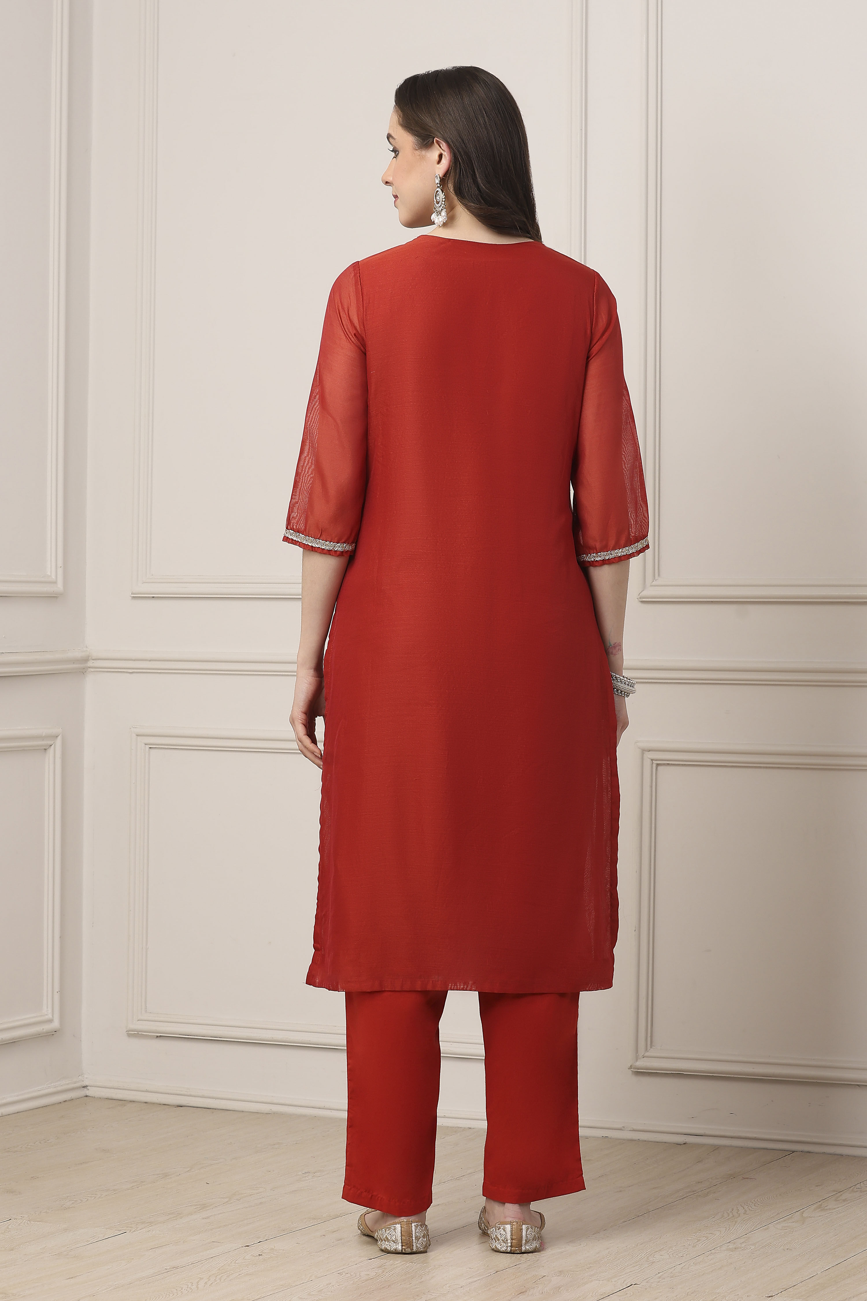 Red Poly Chanderi Straight Suit Set image number 4