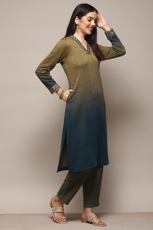 Teal Green Polyester Straight Yarndyed 2 Piece Set image number 5