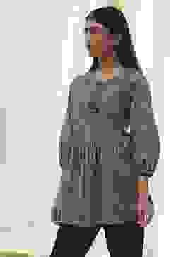 Teal Green Cotton Pleated A-Line Short Kurta image number 2