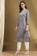 Blue Cotton Printed Straight Kurta image number 2