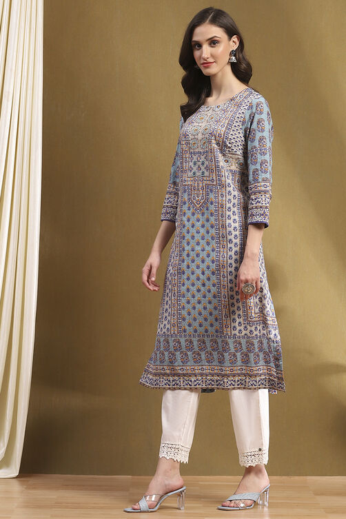Blue Cotton Printed Straight Kurta image number 2