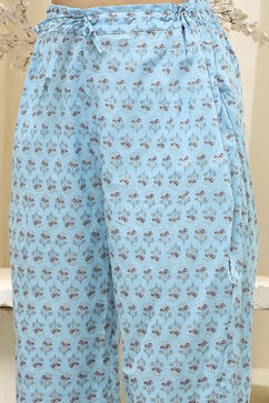 Blue Cotton Screen Print Unstitched Suit Set image number 3