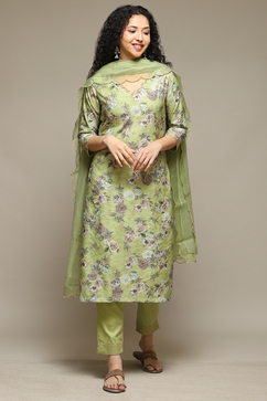 Green Cotton Blend Floral Straight Suit Set image number 7