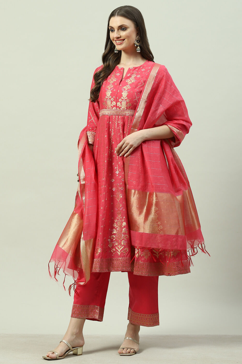 Fuchsia Art Silk Anarkali Kurta Narrow Palazzo Suit Set image number 2