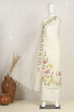 Off White Chanderi Hand Painted Unstitched Suit Set image number 4