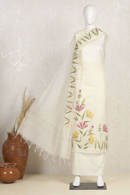 Off White Chanderi Hand Painted Unstitched Suit Set image number 4