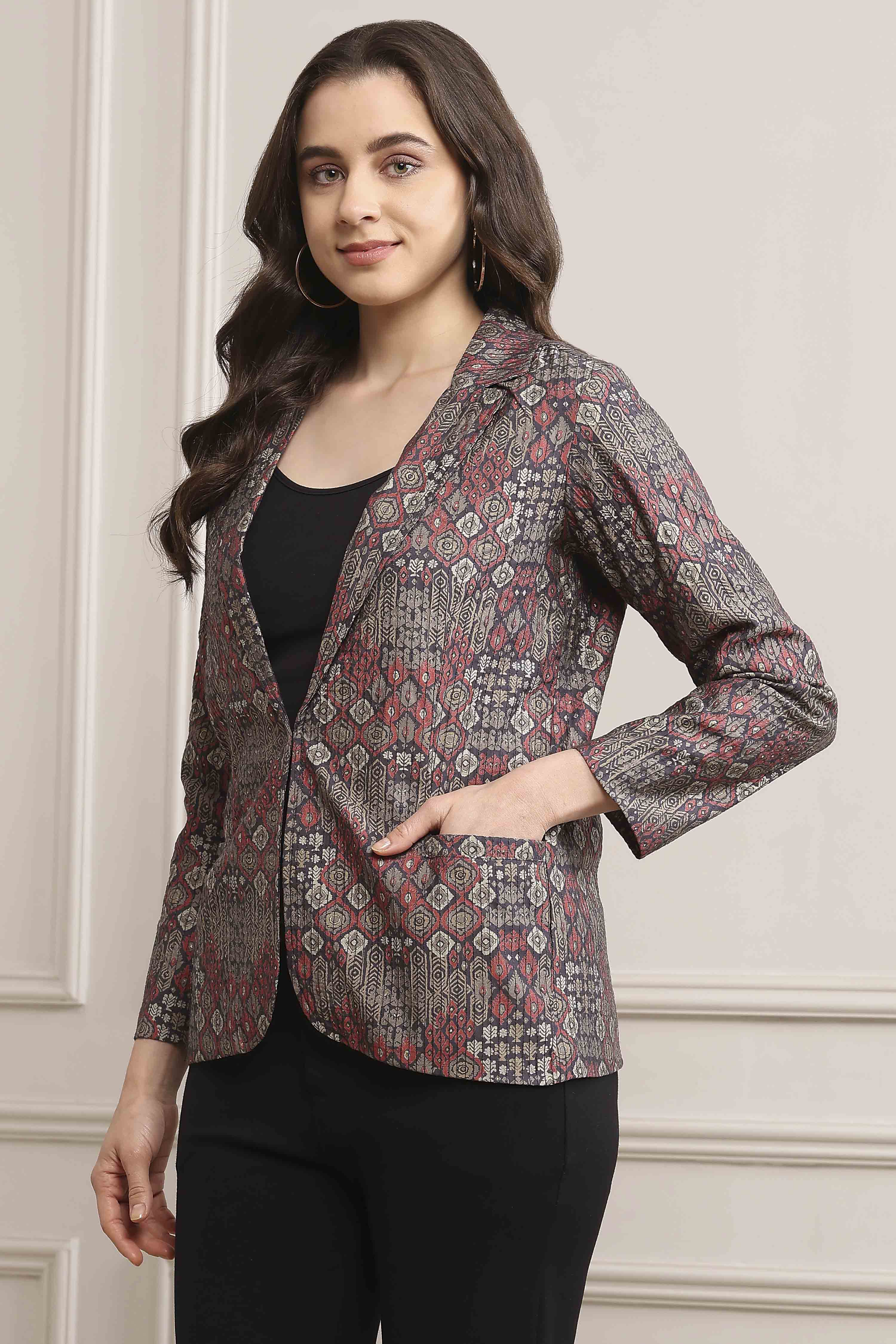 Grey Poly Viscose Straight Printed Jacket image number 2