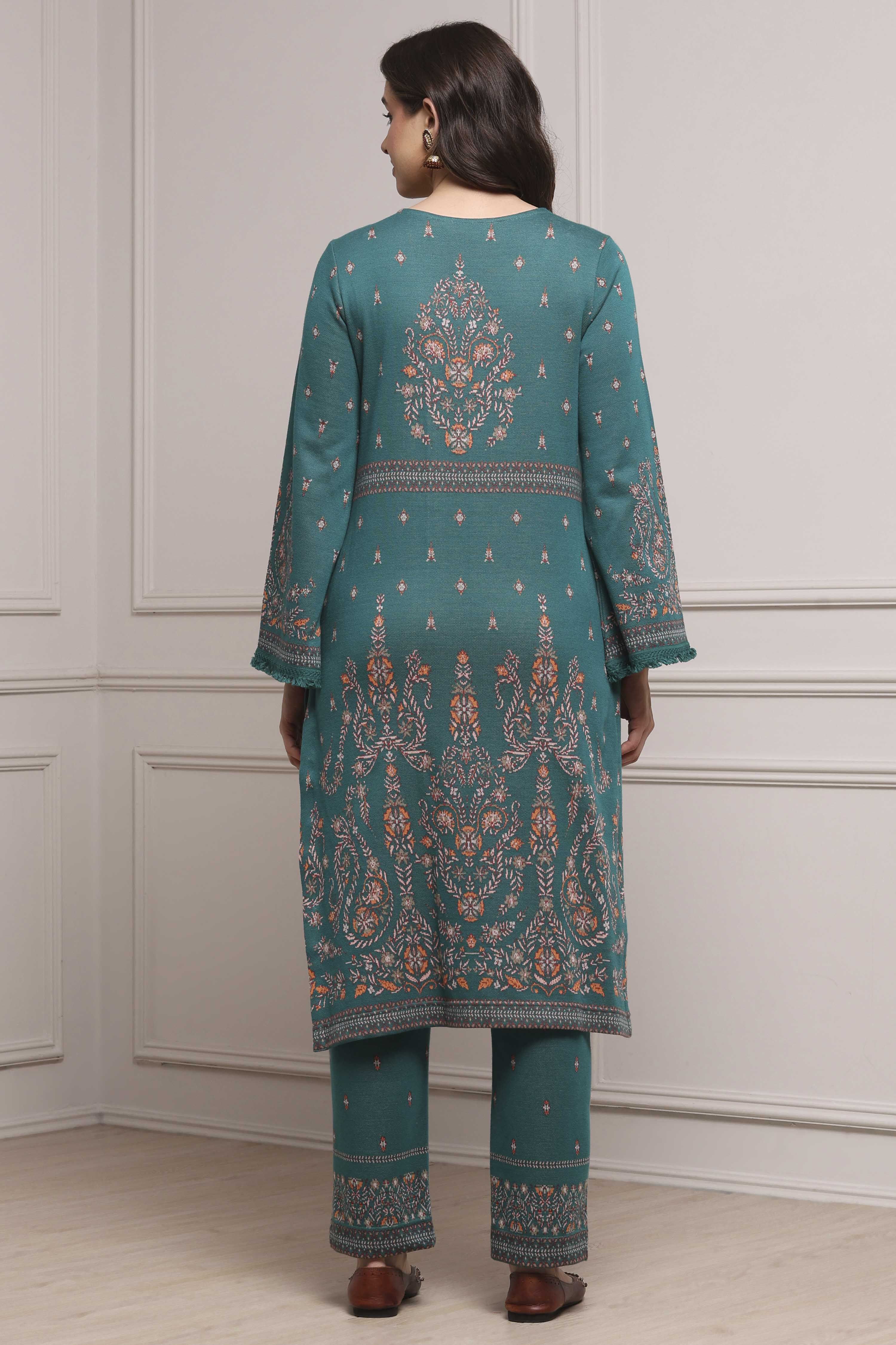 Emerald Green Cotton Blend Yarndyed Straight Suit Set image number 4