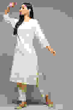 Off White Cotton Straight Kurta image number 4