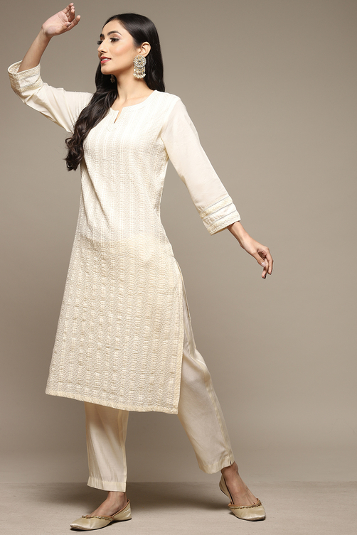 Off White Cotton Straight Kurta image number 4