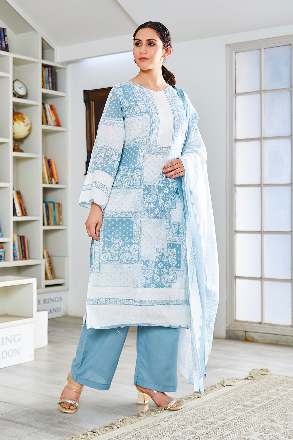 Blue Cotton Blend Digital Print Unstitched Suit Set  image number 4