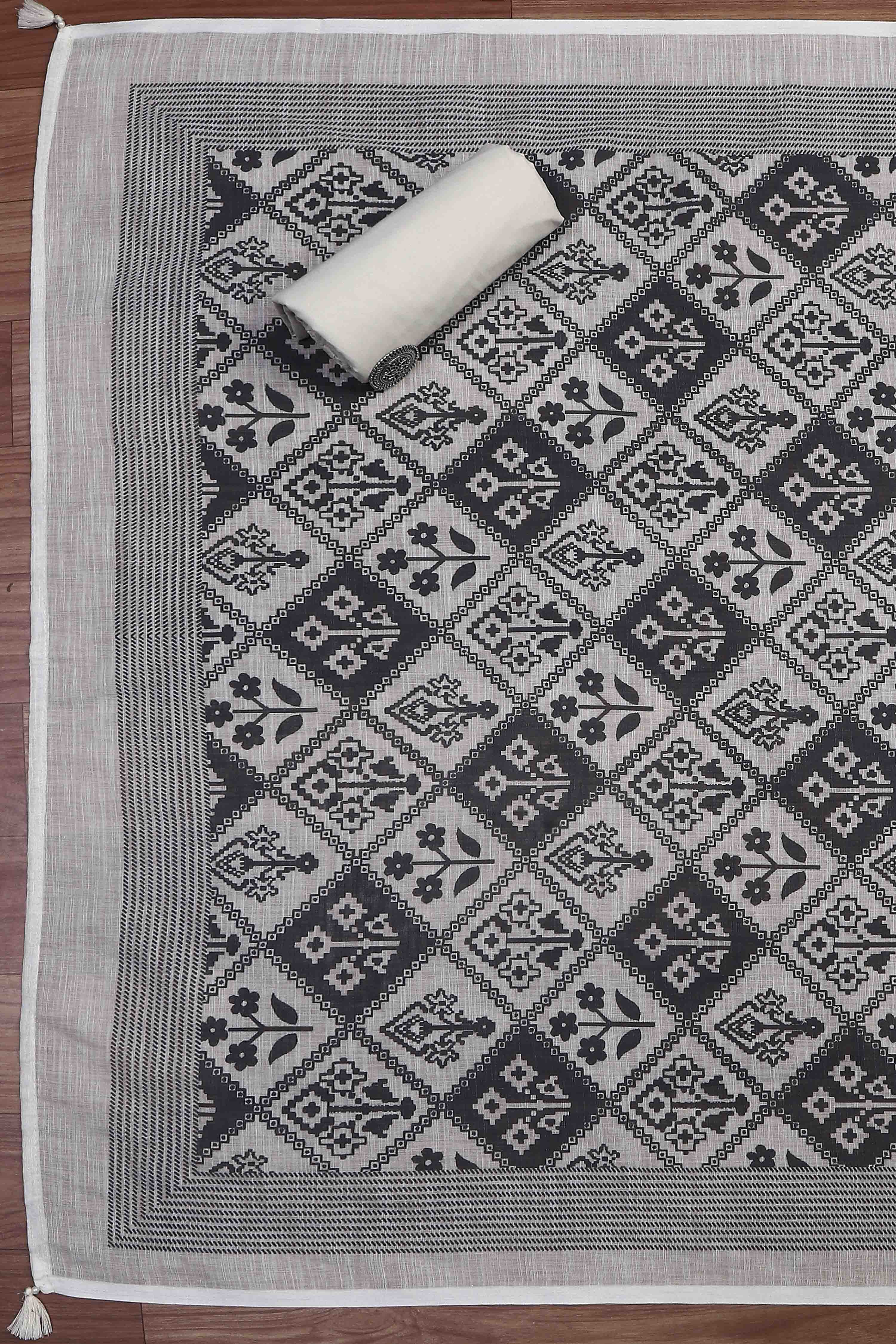 Black Linen Royal-Ikkat  Buti Print Unstitched Suit Set image number 3