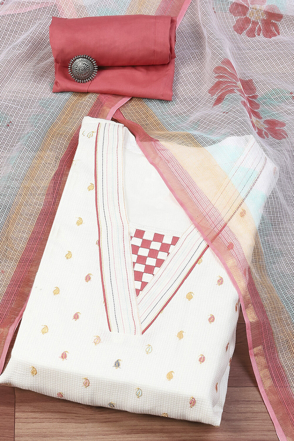 White Cotton Machine Embroidered Unstitched Suit Set image number 0