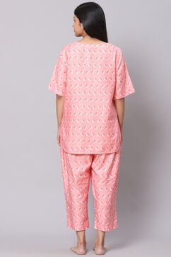 Blush Pink Straight Cotton Three Piece Printed Sleepwear Set image number 4