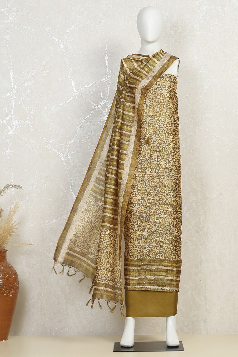 Rust Silk Blend Printed Unstitched Suit Set image number 4