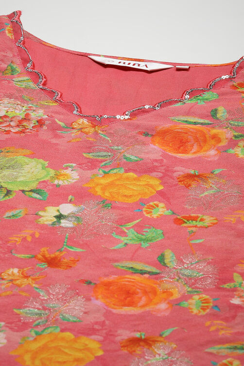 Coral Pink Cotton Blend Straight Kurta Pants Suit Set image number 1