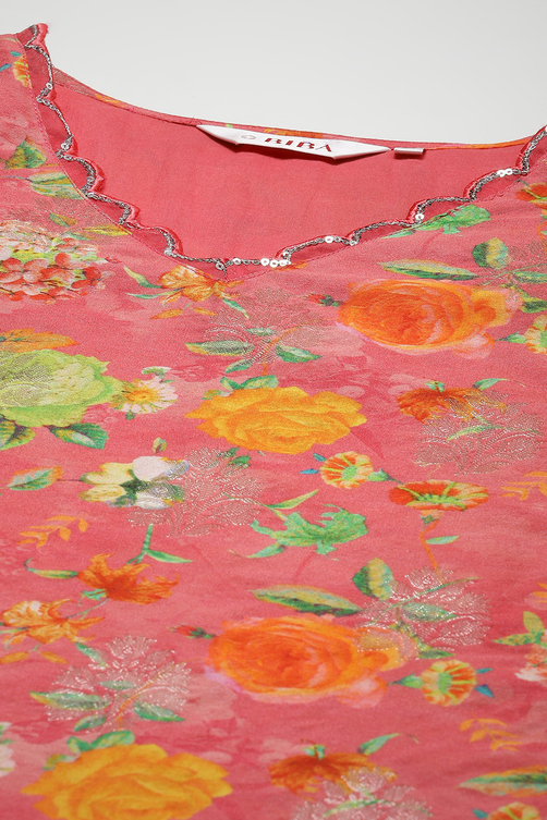 Coral Pink Cotton Blend Straight Kurta Pants Suit Set image number 1