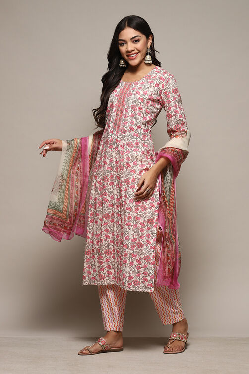 Pink Cotton Handloom Unstitched Suit Set image number 6