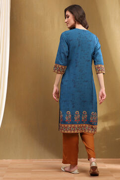Navy Blue Cotton Printed Straight Kurta image number 4