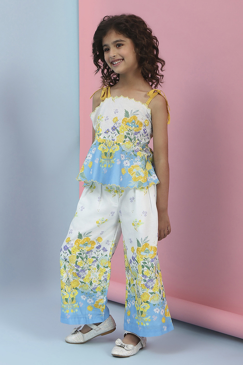White Cotton Floral Printed Top and Pant Set image number 3