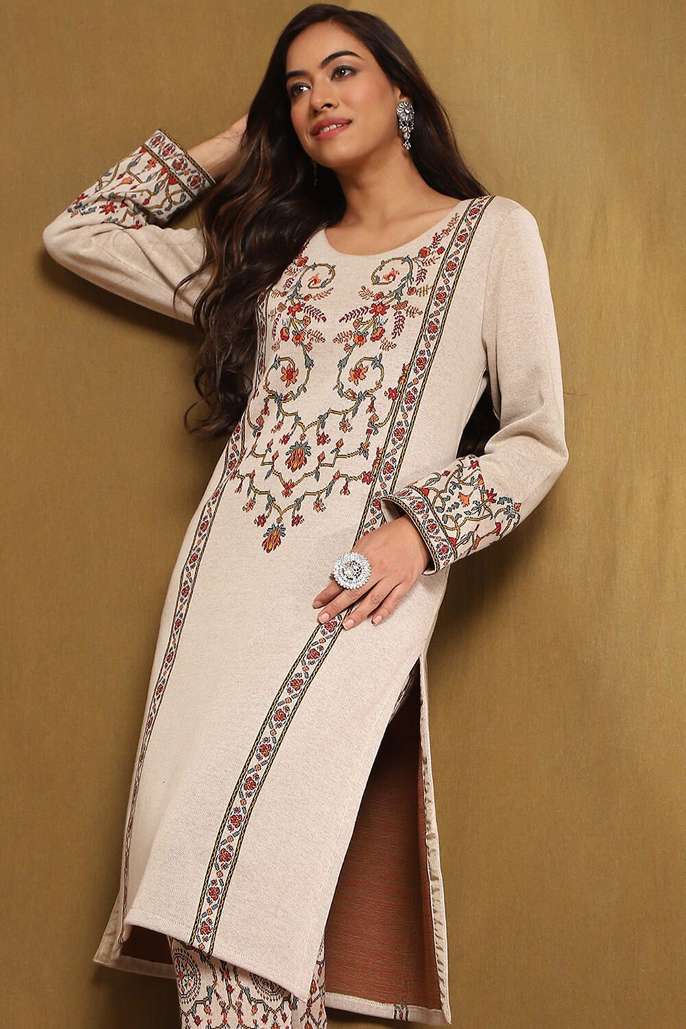 Black Jacquard Printed Straight Winter wear Kurta Set image number 1